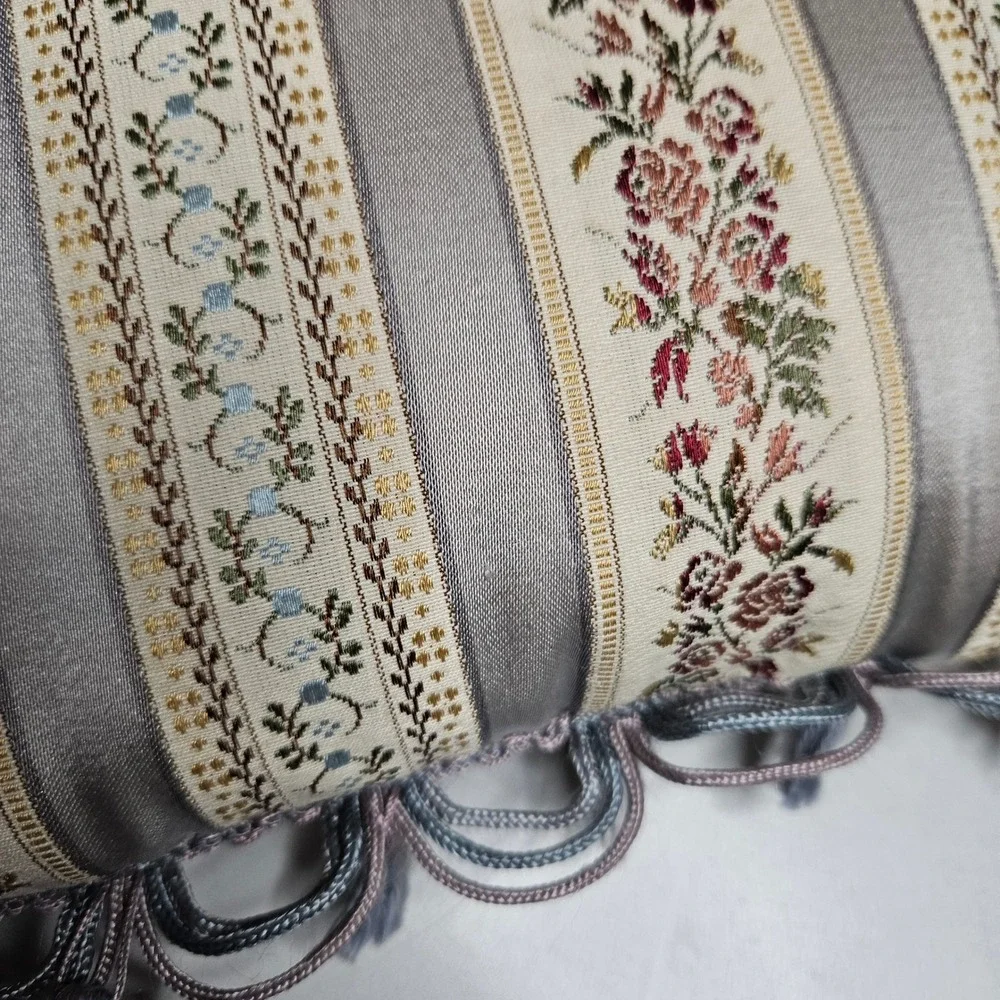 Vintage Floral Tapestry Accent Pillow Striped Tassel Trim Grey Cream 12x8